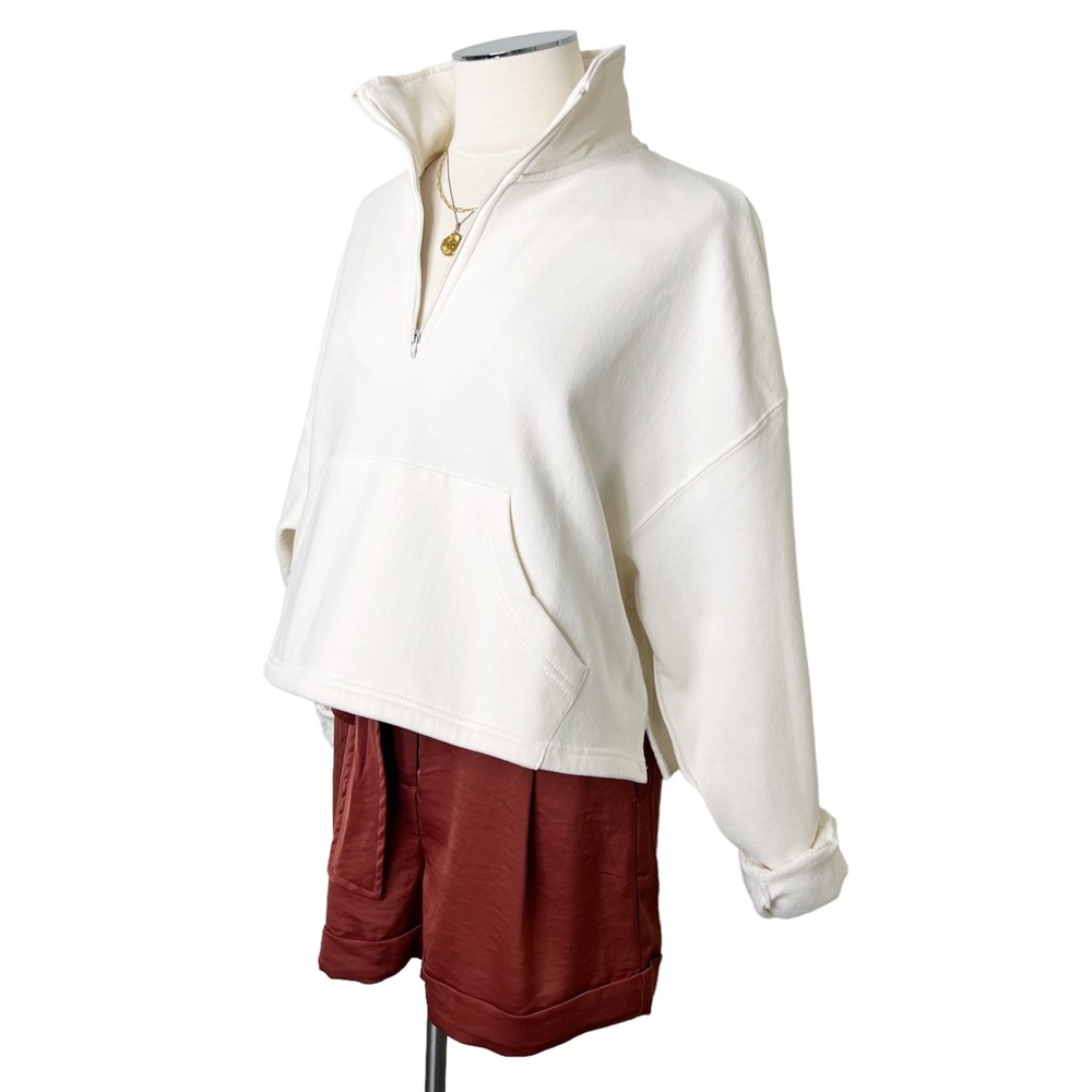 New WEWOREWHAT Women’s Oversized Cropped Cotton Blend 1/4 Zip Sweatshirt Cream S - Picture 3 of 13